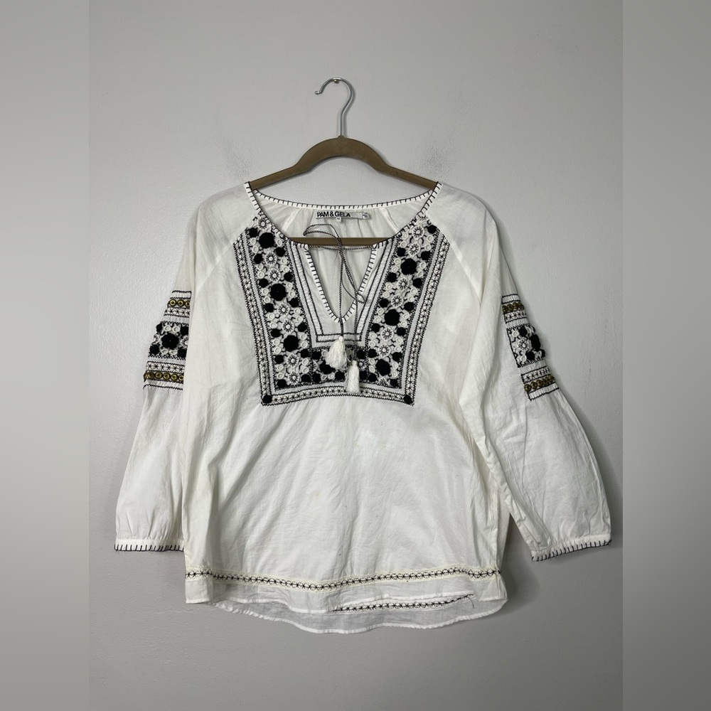 Pam & Gela Crochet Boho Embroidered Peasant Blouse Sz M Made in India Cotton